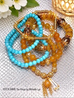 FRIENDSHIP BRACELETS 6 Strands Blue Crystal and Tan Stone Stretchy TAYLOR SWIFT